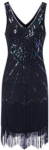 Women's 1920s V Neck Great Gatsby Flapper Dress Sequin Embellished Beaded Tassels Fringed Cocktail Dress