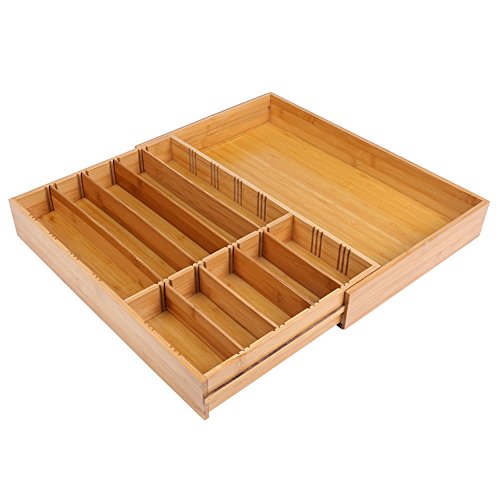 ISINO Extra Deep Wooden or Stainless Utensil Divider Tray , Non-slip Utensil Organizer , Large Utensil Holder with 10-11 Slots , Size (11.4"-20")L x 17.5"W x 2.5"H
