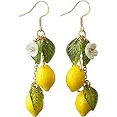 Strawberry Earrings for Women, Lemon Earrings for Women, 925 Sterling Silver Hypoallergenic, Dangle Cherrry Yellow Red Fruit Green Leaf Flower Beaded Dangling Drop Trendy Summer Jewelry
