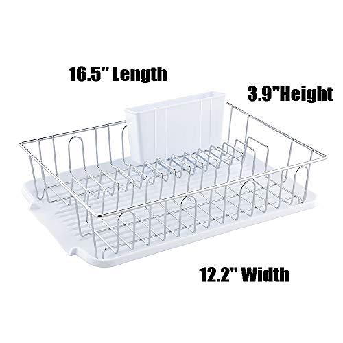 VCCUCINE Modern Kitchen White Chrome Metal Wire Dish Drying Rack, Dish Rack with Drainboard and Cutlery Cup Utensil Organizer Holder