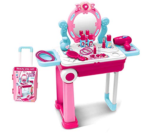 Romp And Role Makeup Toy Set Beauty Princess Dressing Table and Suitcase Convertible Suitcase Trolley Portable Role Play Set with Accessories for Girl Kids- Multi Color