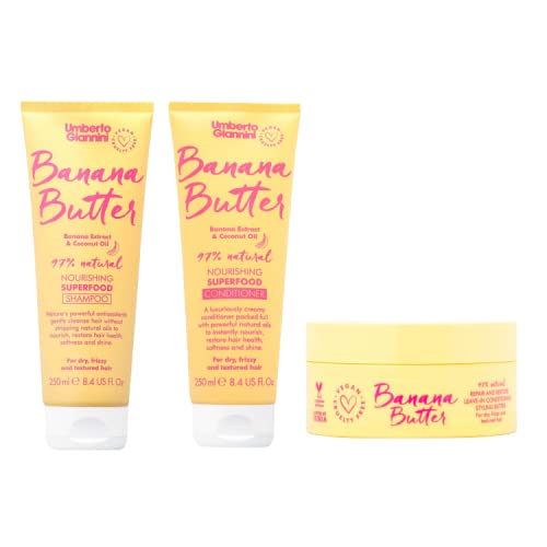 Umberto Giannini Banana Butter Nourishing Superfood Shampoo, Conditioner & Styling Cream Set, Vegan & Cruelty Free Moisturising Formula for Coily, Dry, Textured or Frizzy Hair