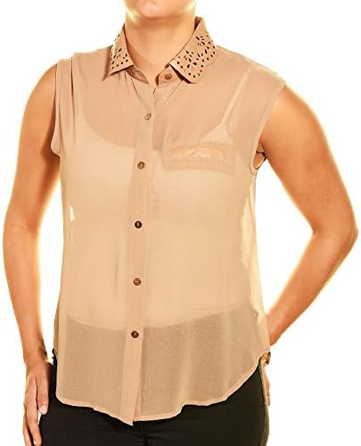Feline Pleather Collar Chiffon Button Down Blouse (Brown, Medium)