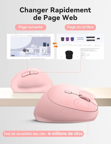TECKNET Ergonomic Wireless Mouse, 4800 DPI Vertical Mouse, 99% Noise Reduction, Silent Wireless Mouse, 6 Buttons, 2.4G Computer Mouse for PC, Laptop, Mac – Pink