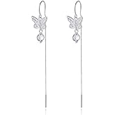 MYHAO Solid 925 Sterling Silver CZ Butterfly Chain Dangle Earrings Drops for Women Teens Butterfly Tassel Earrings Threader Hypoallergenic