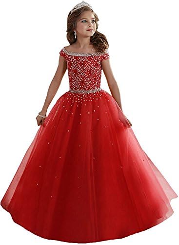 WZY Girls Illusion Rhinestone Beading Ruffled Christmas Ball Gown Princess Pageant Dress (6, Red)