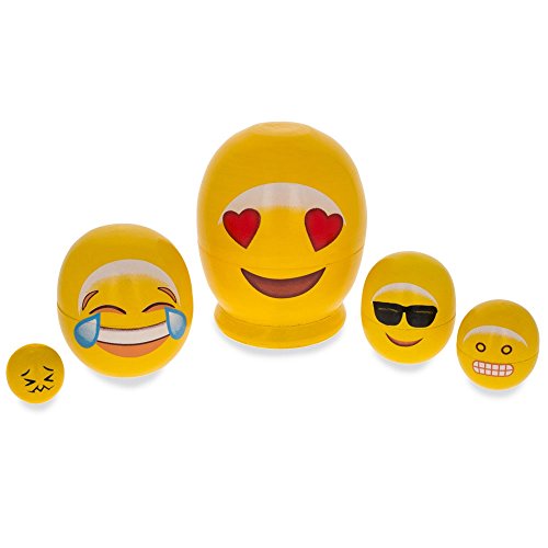 4" Emoji Wooden Nesting Dolls - In Love, Laughing, Cool Sunglasses, Grin