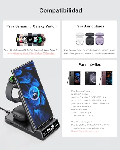 SwanScout Estación de Carga para Samsung S26 Ultra, Cargador Inalámbrico 3 en 1 para Galaxy S26+/S25/S24/S23/Note 20/Z Flip/Z Fold, Galaxy Watch Ultra/8/7/6/5/FE, Galaxy Buds3 (Sin Adaptador) (Negro)