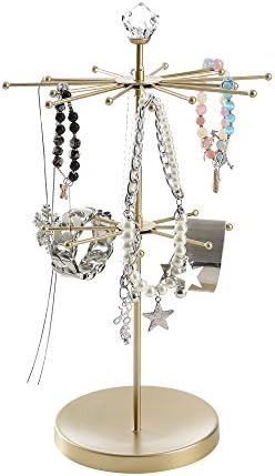 Gold Modern Metal Rotating Tabletop Bracelet &amp; Necklace Jewelry Organizer Display Tree Tower Rack
