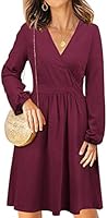 STYLEWORD Women's V Neck Long Puff Sleeve Casual Swing Midi Dress with Pocket