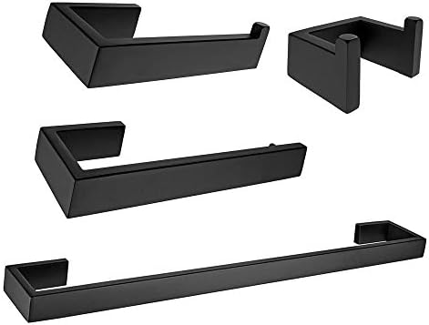 Nolimas 4-Piece Black Bathroom Hardware Accessory Set Including Towel Bar Toilet Paper Holder Towel Holder Robe Hook SUS 304 Stainless Steel Wall Mount Contemporary Square Style, Matte Black,Rustproof