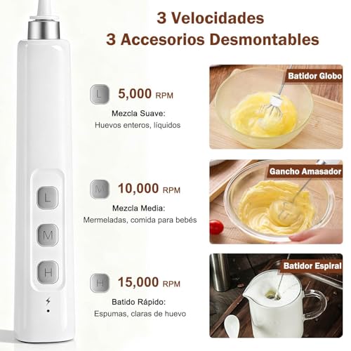 ENGREPO Espumador de Leche Eléctrico Recargable USB, Batidor de Cafe para Hacer Espuma,3 Velocidades con 3 Batidores Acero Inoxidable, Batidor Electrico de Mano Para Capuchino, Latte, Matcha (Blanco)