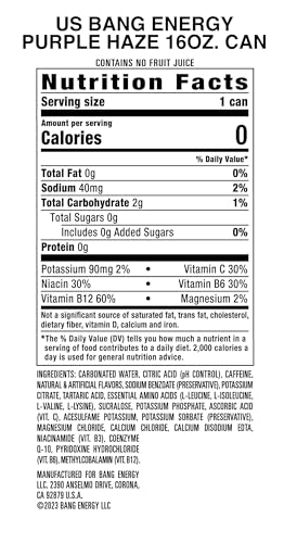 BANG ENERGY PURPLE HAZE, SUGAR-FREE ENERGY DRINK, 16 OUNCE (PACK OF 12)