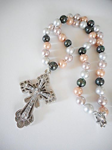 Rhinestone Cross Beaded Pendant Necklace, Spiritual Jewelry 18"L
