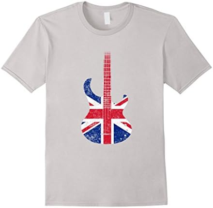 Mens British Guitar Shirt - Hard Rock Band Shirt UK Flag Tee XL Silver