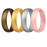 ROQ Silicone Wedding Ring for Women, Set of 4 Affordable Comfort Fit 6mm Love Metallic Silicone Rubber Wedding Bands - Silver, Gold, Rose Gold, Bronze - Size 7