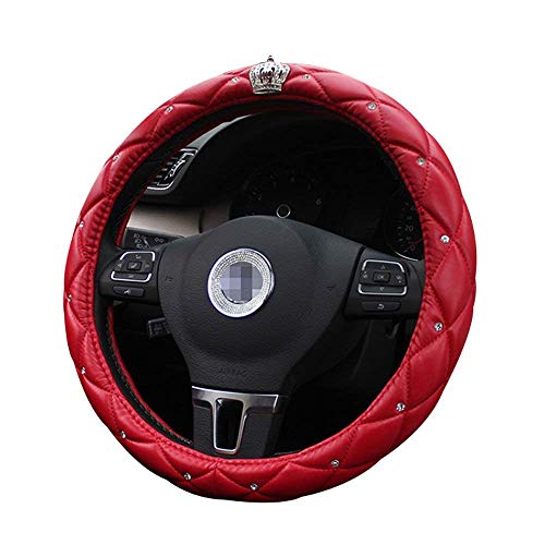 Cdycam Non-slip Universal PU Leather Car Steering Wheel Cover with Crystal Crown Diamond,Durable, Soft, 15 inch Size (Red)