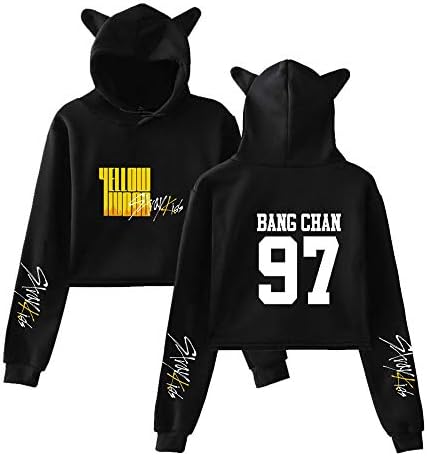 Kpop Stray Kids Hoodies Cat Crop Top Kawaii Sweatshirt Stray Kids Yellow Wood Hoodies Hip Hop Signature Printed Pullover College Jumper Sweater BangChan Changbin Hyunjin Felix Seungmin Jeongin Jisung