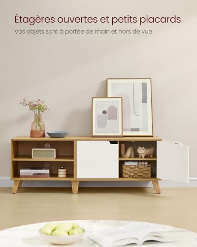Meuble TV 2 Portes, Support Télé avec Étagères Réglables, Longueur 140 cm, pour Télévisions 60 Pouces, Salon, Salle à Manger, Chambre, Chêne Naturel et Blanc Crème LTV027N01