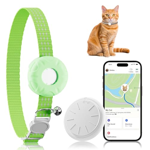 ZFSJTAG Cat GPS Tracker, Cat Tracker Compatible with Apple Find My App (Only iOS), No Monthly Fee, Waterproof, Breakaway Collar Included, Up to 7-Day Battery (White Tracker, Green Cat Collar)
