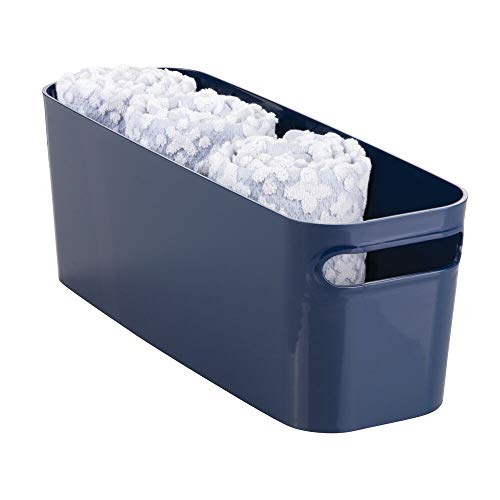 mDesign Bathroom Vanity Plastic Organizer Storage Bin Tote with Handles for Health and Beauty Products, Shampoo Bottles, Lotions, Hand Towels, 4 Pack - Navy Blue
