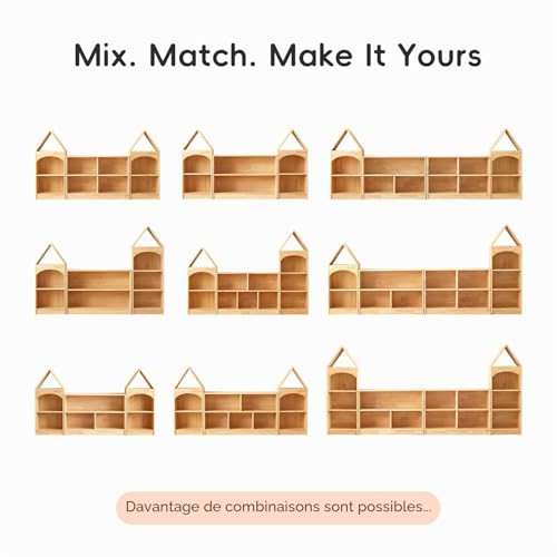 OOOK Montessori Shelving Unit with 5 Compartments Rubberwood 110 cm (43.3 Inches) – 2 Storage Systems – Wooden Wardrobe for Children's Room, Games Room, Nursery, Classroom and Kindergarten