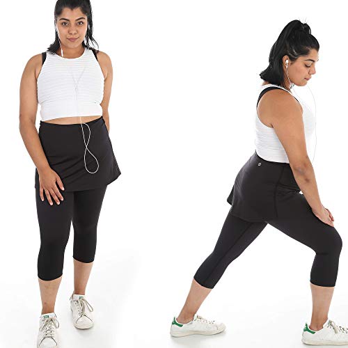 Women's High Waisted Tennis Skirt, Active Skapri with Pockets, Running Leggings with Attached Skirt, Black Golf Tennis Skirt