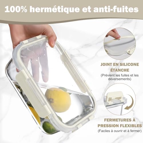 Boite Alimentaire Verre avec Couvercle Hermétique - Lot de 10 Lunch Box Verre Réutilisables, Sans BPA, Compatibles Micro-ondes, Four, Lave-vaisselle, Congélateur, Blanc