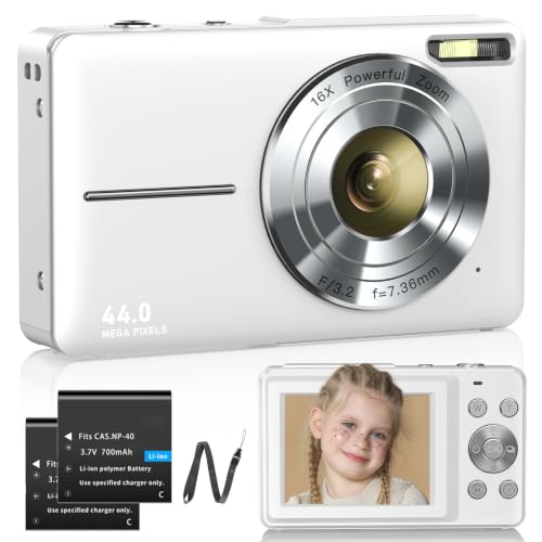 Digitalkamera Fotokamera 1080P 44MP Fotoapparat 16X Digitalzoom mit Akkus Digitalkamera für Kinder Jugendliche Student Anfänger weiß
