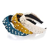 Pearl Headbands for Women 3 Colors, Knot Turban Headband Fashion Hair Bands Wide Headbands Hair Accessories for Girls (Yellow Beige Dark Green)