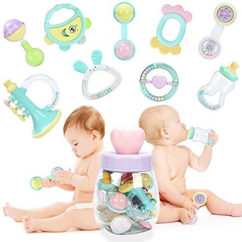 FORSTART 9pcs Baby Rattles Teether, Shaker, Grab and Spin Rattle, Musical Teething Rattle Set, Early Educational Teething Toys for 3, 6, 9, 12 Month Baby Infant, Newborn - Thumbnail 6