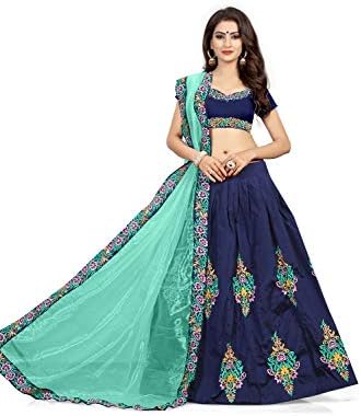 Queen of India Women's Cotton Silk Embroidered Semi-Stitched Lehenga Choli and Dupatta Set (Blue, Free Size)