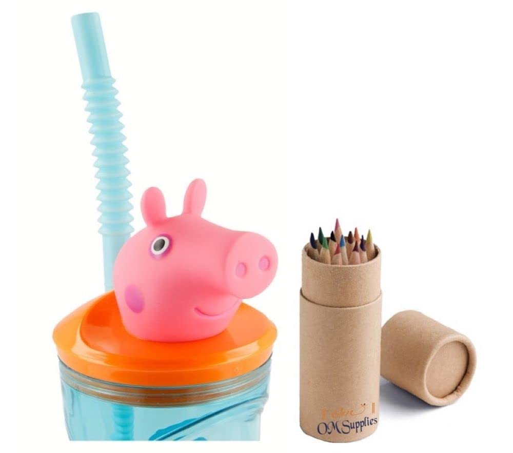 OM SUPPLIES Peppa 3D Figurine Cartoon Characters Reusable Tumbler Childrens Drinking Cup Straw 23 x 7.5 x 7.5cm Includes Half Size 12pcs Pencil Set (Peppa)