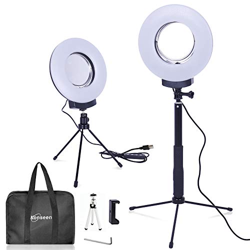 8" Dimmable Ring Light Selfie Live Stream Continuous Output Lighting Adjust Stick Stand 4" Mirror&Phone Holder for Makeup Photography LED Ring Lamp Outdoor Camera Photo Video 3 Color Lighting Mode Kit