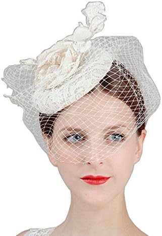CaliaDress Women Lace Flower Beaded Bridal Birdcage Face Veil Fascinator Hair Hat C005TS White