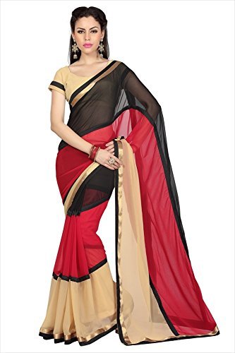 Designersareez Women's Faux Georgette Saree Free Size Black & Red
