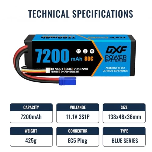 DXF 3S 11.1V 7200mAh 80C LiPo Battery Hardcase EC5 Plug for RC Car Truck Boat Helicopter Airplane Buggy Truggy Tank 1/8 1/10 Scale Racing Models 2 Pack