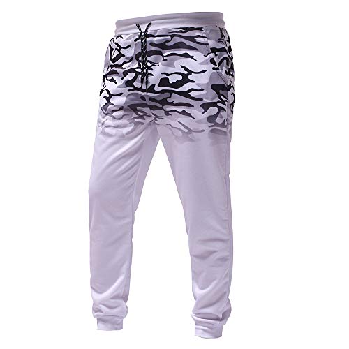 ANJUNIE Men Outdoor Trousers,Packwork Camouflage Black Splicing Drawstring Sport Pants(White,XL)