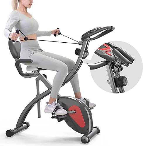 PROIRON Folding Exercise Bike, Fitness Exercise Bike with Backrest, Resistance Band, 8 Levels Magnetic Resistance, Pulse Sensor, Height Adjustable, Weight Max 120 kg…