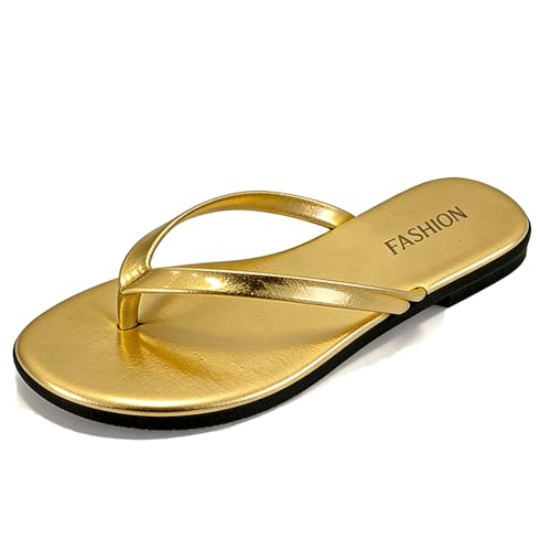 SEDFGLS Women'S Leather Flat Flip Flops Comfortable Non-Slip Round Toe Beach Slide Summer Casual Vacation Travel Flip Flops Sandals (Gold,9) at Amazon
