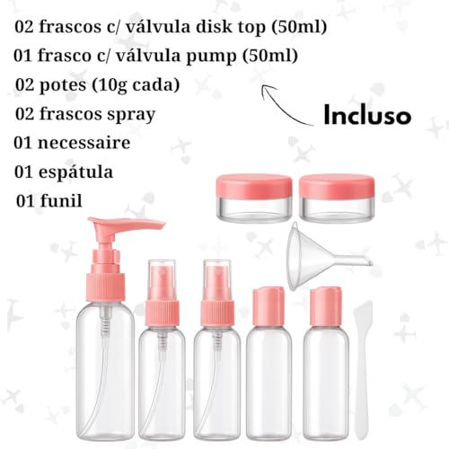 Frascos para Viagem Kit 9 Peças com Estojo Transparente Ideal para Shampoo Condicionador Sabonte Líquido Cremes Hidratante com Funil para Encher Recipientes Cosméticos (Branco)