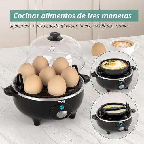 Cocedor de Huevos, Cocedor Huevos de 360 W, 7 huevos fáciles de pelar, huevos blandos, medianos, duros, pochados, fabricante de tortillas, vaporera, zumbador, luz indicadora, libre de BPA