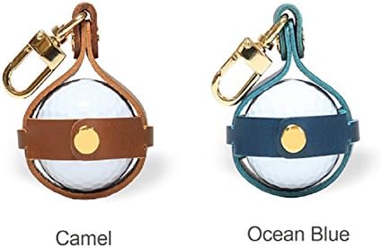 Takus Premium Cowhide Handmade Mini Portable Golf Ball Holder Pouch, Personalized Keychain Type , 2.4 in x 4.3 in, Camel Brown and Blue (Vintage Blue)