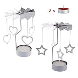 RETON 2 Pcs Metal Rotating Tea Light Candle Holder Silver DIY Spinning Tealight Holder for Home Festival Decoration+8pcs Tealight Candles (Heart&Star)