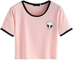 Froomer Women Short Sleeves Crop T-Shirt Top Aliens Printed Short Tops (Asian L, Pink)