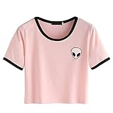 Froomer Women Short Sleeves Crop T-shirt Top Aliens Printed Short Tops (Asian L, Pink)