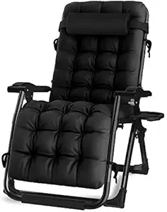 Oversized Zero Gravity Chair, Lawn Recliner, Reclining Patio Lounger Chair, Folding Portable Chaise, with Detachable Soft Cushion, Cup Holder, Adjustable Headrest, Support 500 lbs. (Black Cushion)