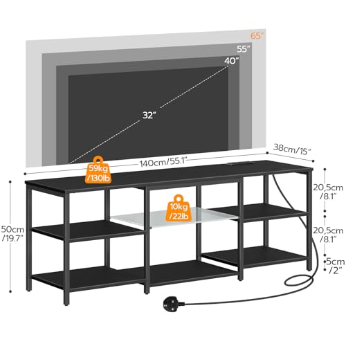 HOOBRO 3 Tier TV Table with LED Lights for 32-65 inch TV, 140cm Black TV Units with Power Outlet, Gaming TV Entertainment Center with Open Shelves for Living Room,Bedroom EBB20KDDS01