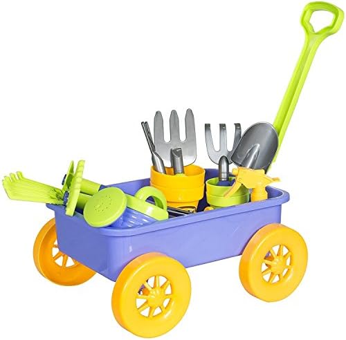 Kids Fun and Colorful Garden Wagon Set with 8 Gardening Tools in A Wagon| Rank, Hoe, Pick, Spade, Clipper, And 3 Rakes| Perfect for Sandboxes and Beach Play Too