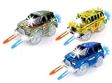 Track Car 3 Pack, Green Military Jeep, Blue Police and School Bus Car, with 5 LED Lights, Compatible with Most Tracks Including Magic Tracks, Neo Twister Tracks, Boys and Girls
